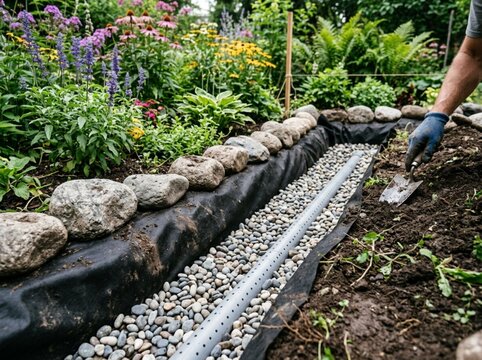 Trench with perforated pipe in gravel, landscape fabric, yard grading slope and decorative river rock for french drain installation. French Drain / Drainage / Landscaping Installation