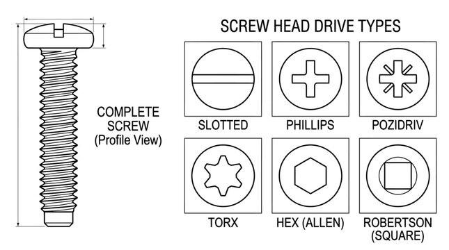 Screw Head Drive Types Illustration: Slotted, Phillips, Pozidriv, Torx, Hex, Robertson