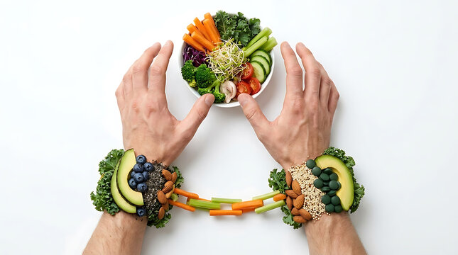 Psychological Orthorexia Nervosa disorder concept depicting human hand obsessed with extreme healthy food consumption and obsession with pure nutrition as a strict diet habit or fixation.