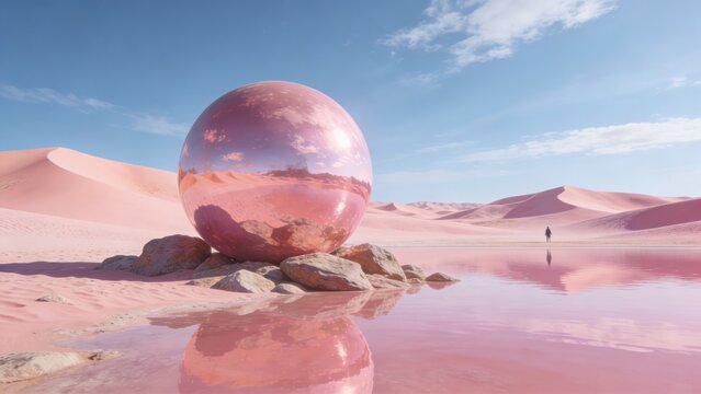 Surreal desert landscape with giant pink reflective egg sculpture by tranquil water