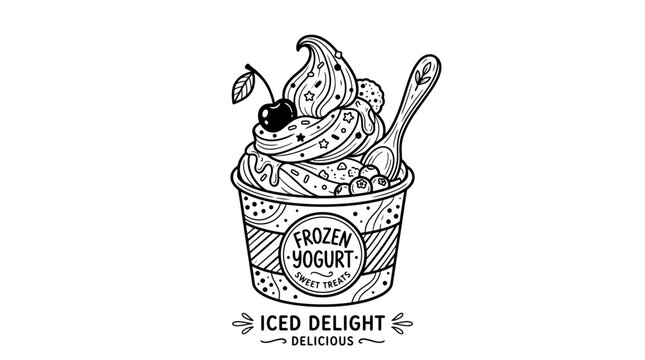 Hand-drawn Frozen Yogurt with Cherry and Spoon - Delicious Sweet Treat