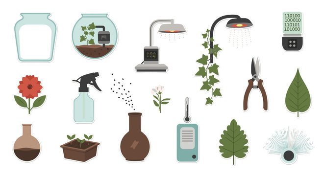 A selection of smart gardening icons showcasing a heat lamp, scattering seeds, and a digital terminal screen with binary code strings on a clean white background.