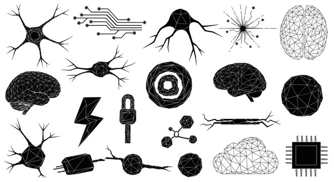 A collection of black low-poly icons representing brains, neural networks, circuit boards, and technological security elements on a neutral light grey background.