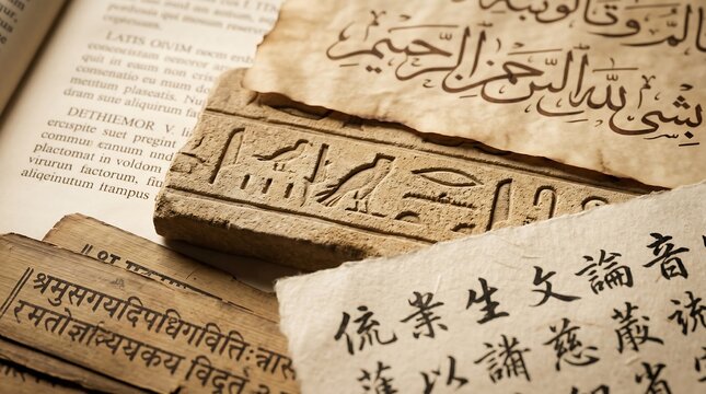 Manuscripts featuring ancient Egyptian hieroglyphs, Arabic calligraphy, and traditional Asian scripts lie scattered on a table, highlighting the historical evolution of written language.