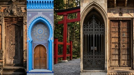 Obraz premium Doors from diverse architectural traditions showcase intricate wood carvings, vibrant blue mosaic tiles, bright red gates, ornate ironwork, and rustic weathered timber textures.
