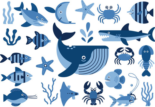 Playful marine life illustration featuring whale, sharks, fish, crabs, and sea creatures in blue ocean theme