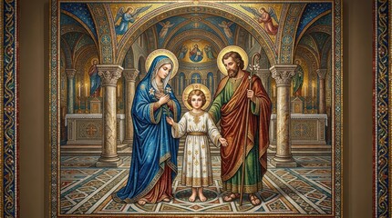 Fototapeta premium Mosaic of the Holy Family - Jesus, Mary, and Joseph in a Byzantine Church Interior
