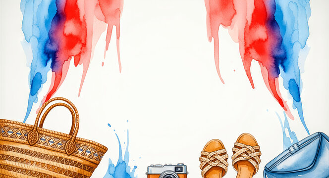Summer travel accessories including straw bag and camera on white background. Vibrant red and blue watercolor splashes frame the scene. Vacation concept ideal for seasonal marketing and travel blogs.
