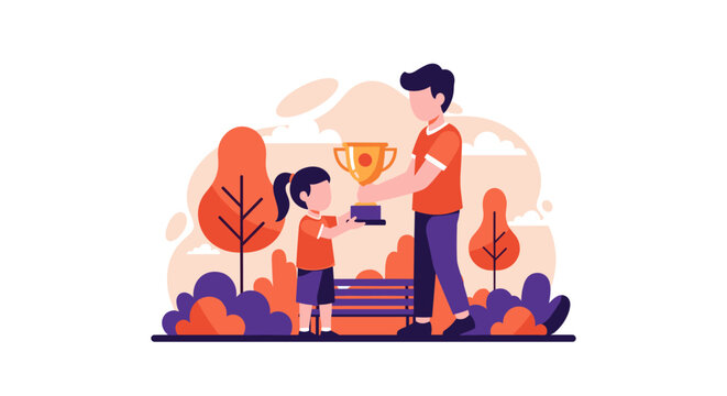 A man in orange attire presents a gleaming golden trophy to a young girl as they stand near a wooden bench within a stylized park environment featuring warm autumnal colors.