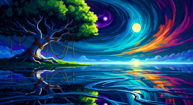 Stylized tree by a lake under a vibrant swirling night sky. Colorful nebula clouds and moon reflect on the water. Fantasy landscape illustration for artistic backgrounds and creative projects.