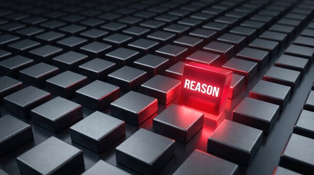 Glowing red reason cube among dark grid of blocks symbolizing logic and choice with abstract illuminated contrast