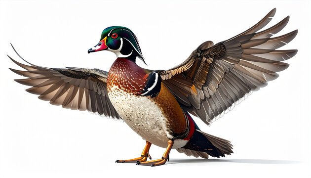 Colorful wood duck with open wings