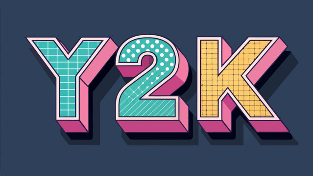 Colorful y2k text with pink and blue patterns on a dark blue background