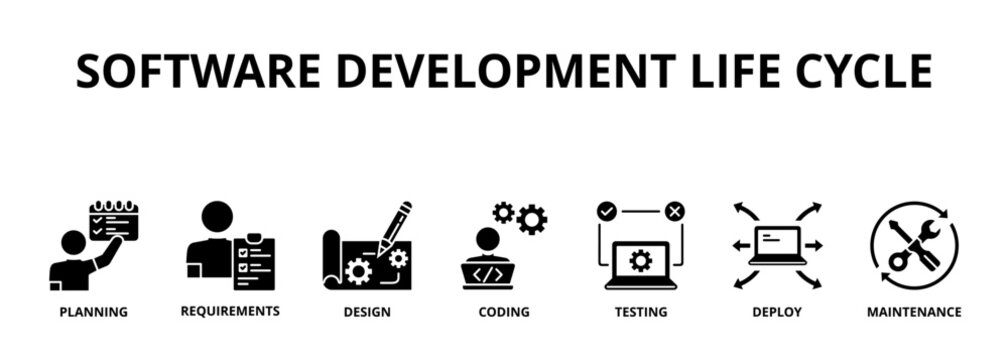 Software development life cycle banner web icon vector illustration concept of sdlc with icon of planning, requirements, design, coding, testing, deploy and maintenance