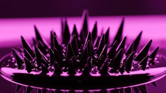 Black Ferrofluid Spiking and Forming Sharp Geometric Peaks under Magnetic Field Influence in Purple Neon Light, Macro Close-up