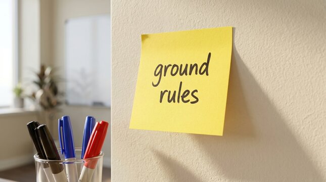 Ground rules message on yellow sticky note pinned to a wall in a bright office setting with guideline, principle