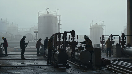 Obraz premium Industrial Workers Operating Equipment at Oil Refinery Plant