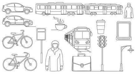 Obraz premium A series of linear black illustrations featuring public transportation vehicles, commuter gear, hot beverage cups, and street furniture arranged on a light grey surface.