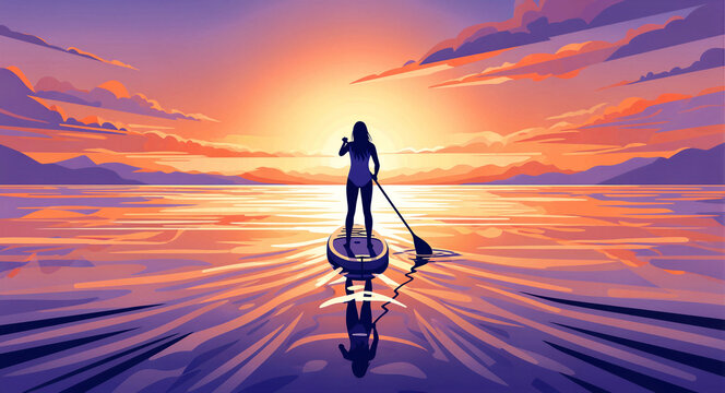 Silhouette of woman on paddleboard at sunset. Serene illustration of person on calm water with mountain reflections. Tranquility and wellness concept, ideal for travel and summer leisure marketing.