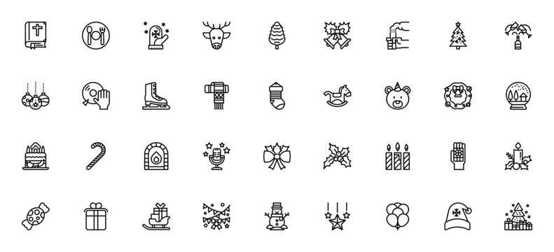 Christmas icon set. Minimalist line icons. Christmas vector pack. Featuring Bible, Reindeer, Christmas tree, gift box, candle, snowman, star and more. Editable stroke.
