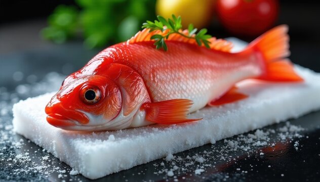 Close-up of fresh red pargo fish on frozen block, frozenfishing, seafood