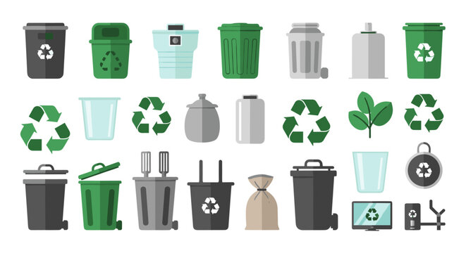 A comprehensive set of waste management and recycling icons, showcasing various bin styles, universal recycling symbols, and organic leaf motifs on a light background.