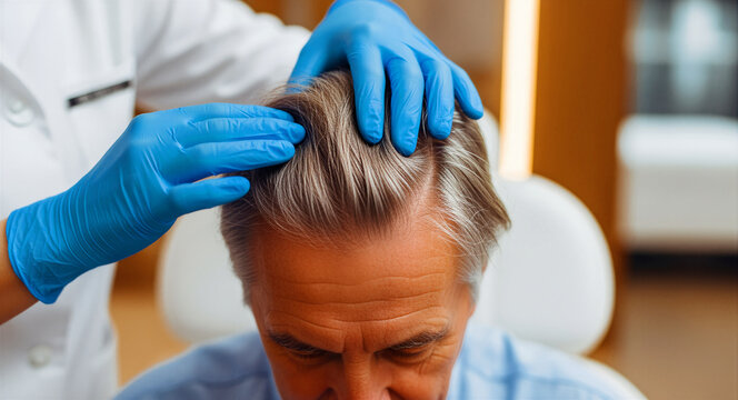 Doctor in blue gloves examining the hair of a senior man. Trichologist performing a scalp checkup or hair loss diagnosis. Dermatology health concept, ideal for hair transplant marketing.
