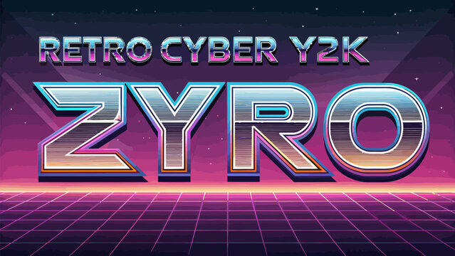 Retro cyber y2k style text graphic with shiny zyro letters on purple background with grid lines and stars