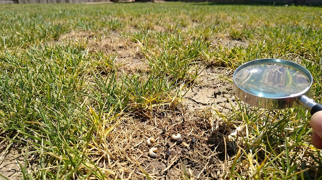 Macro view of damaged lawn background featuring landscaping problem, turf grass health issue, grub larva infestation, dead brown patch, and drought stressed garden area with pest destruction.