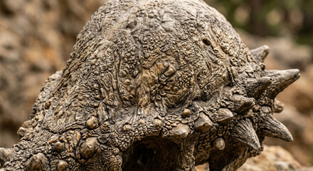 Obraz premium &nbsp;An extreme macro photograph focusing on the massive, 9-inch-thick bony dome of a Pachycephalosaurus head. 