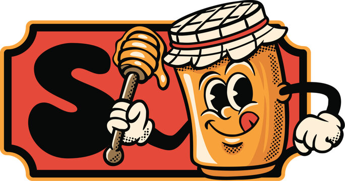 Retro honey brand banner logo with smiling honey jar mascot holding a honey dipper, bold black initial, red sign frame, and vintage halftone texture