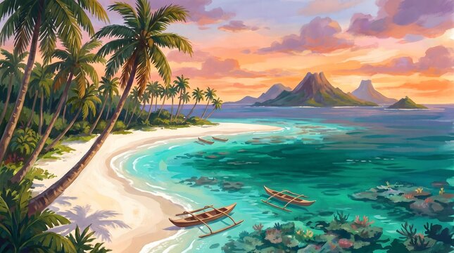 Tropical island paradise illustration with palm trees and clear blue water