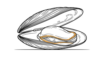 Open Mussel Shell with Meat, Line Drawing Illustration © murtiyem