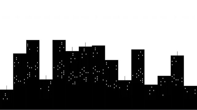 Black silhouette of a city skyline with various high-rise buildings and skyscrapers set against a white background