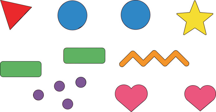 Colorful Basic Shapes Vector Set Featuring Triangle, Circles, Star, Rectangles, Zig-Zag Line, and Hearts for Educational, Design, and Decorative Projects