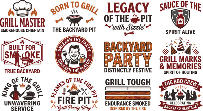 BBQ Grill Master Vintage Badge Collection with Smokehouse Fire Pit Backyard Party Sauce King and Crew Typography Designs