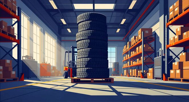 Large stack of tires on a pallet inside an industrial warehouse. Forklift and storage racks with boxes fill the sunlit facility. Logistics and supply chain concept for automotive marketing.
