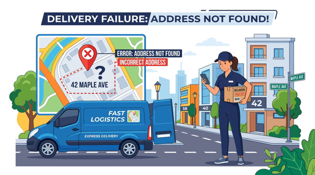 Delivery failure occurs as man searches for address near logistics van.