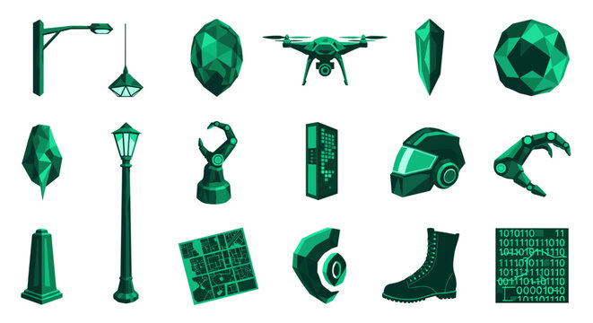 A collection of dark emerald-green low-poly objects including street lamps, a drone, a robotic hand, and binary code blocks sits on a clean white background.