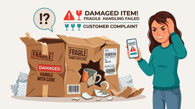 Woman reports damaged fragile item on phone in front of broken package