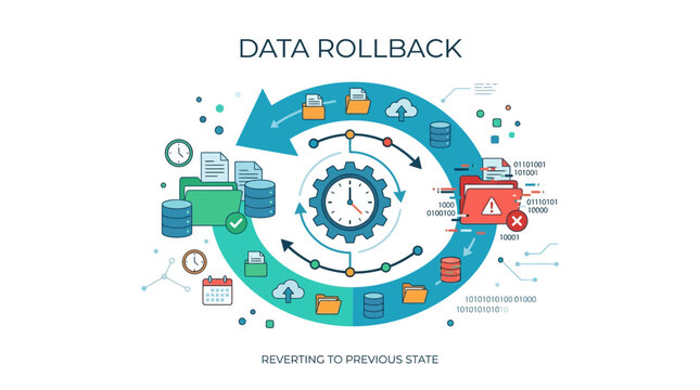 The illustration shows a data rollback process with a truck and computer.