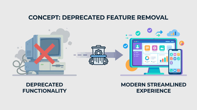 A computer screen displays removal of outdated features replaced by modern tech interface.