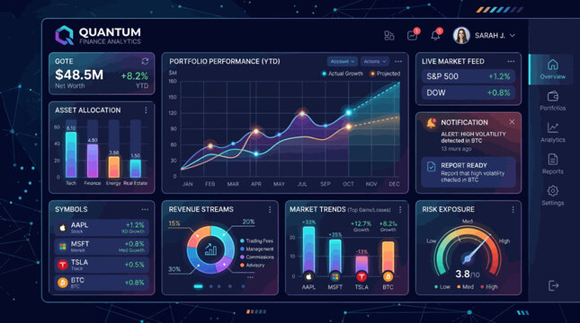 A futuristic dashboard displays various colorful graphs and charts in a dark room.