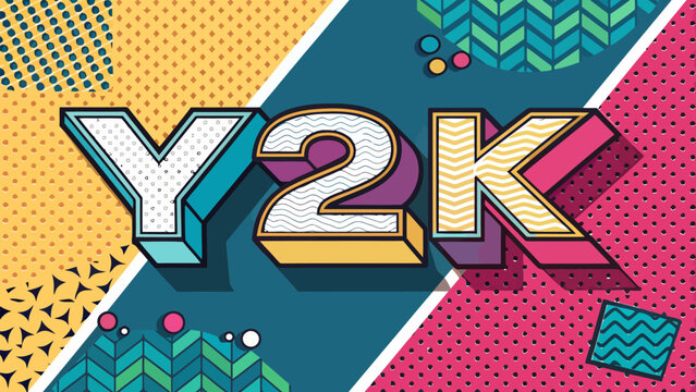 Vibrant y2k graphic design with colorful patterns and bold typography on a multicolored background with dots and chevrons