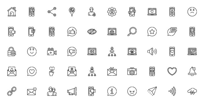 Social media icon set. Minimal vector line icons. Includes symbols: home, comment, network, like, chat, share, email, camera, and more. Editable vector stroke.