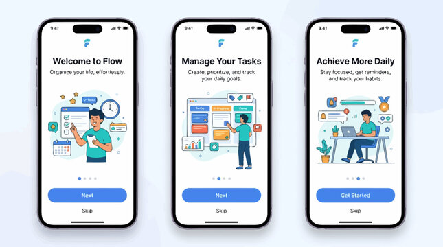Three smartphones display app screenshots with illustrations of people working.