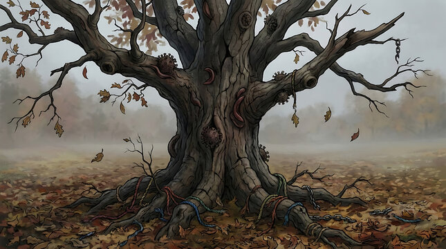 Metaphorical representation of human aging and deteriorating health through a withered autumn tree signifying physical decline, chronic pain, and biological weakening during late life cycles.