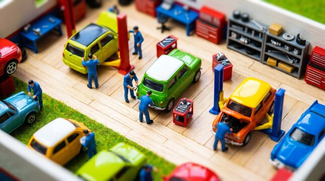 Miniature auto garage scene with tiny mechanics and colorful cars