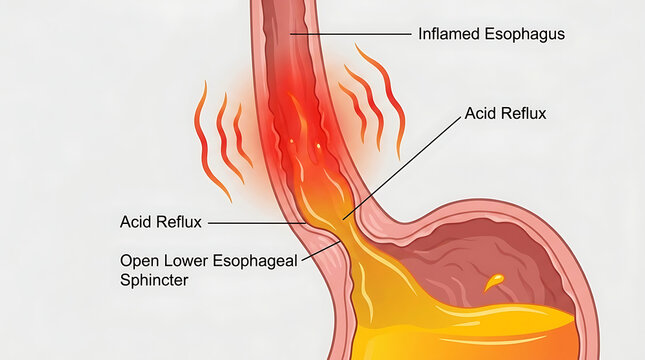 Medical Illustration of Heartburn Showing Acid Reflux or Gastroesophageal Disease with an Open Lower Sphincter and Inflamed Esophagus Causing Regurgitation and Burning Chest Pain.