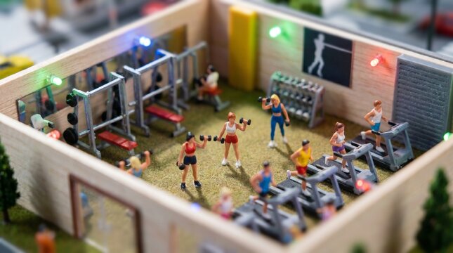 Miniature fitness center model with scale figures working out